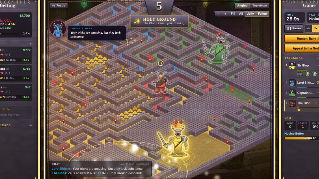 Dungeon Dealer mid-match: a Holy Ground blessing lands on a slime champion while the rival bettors trash-talk